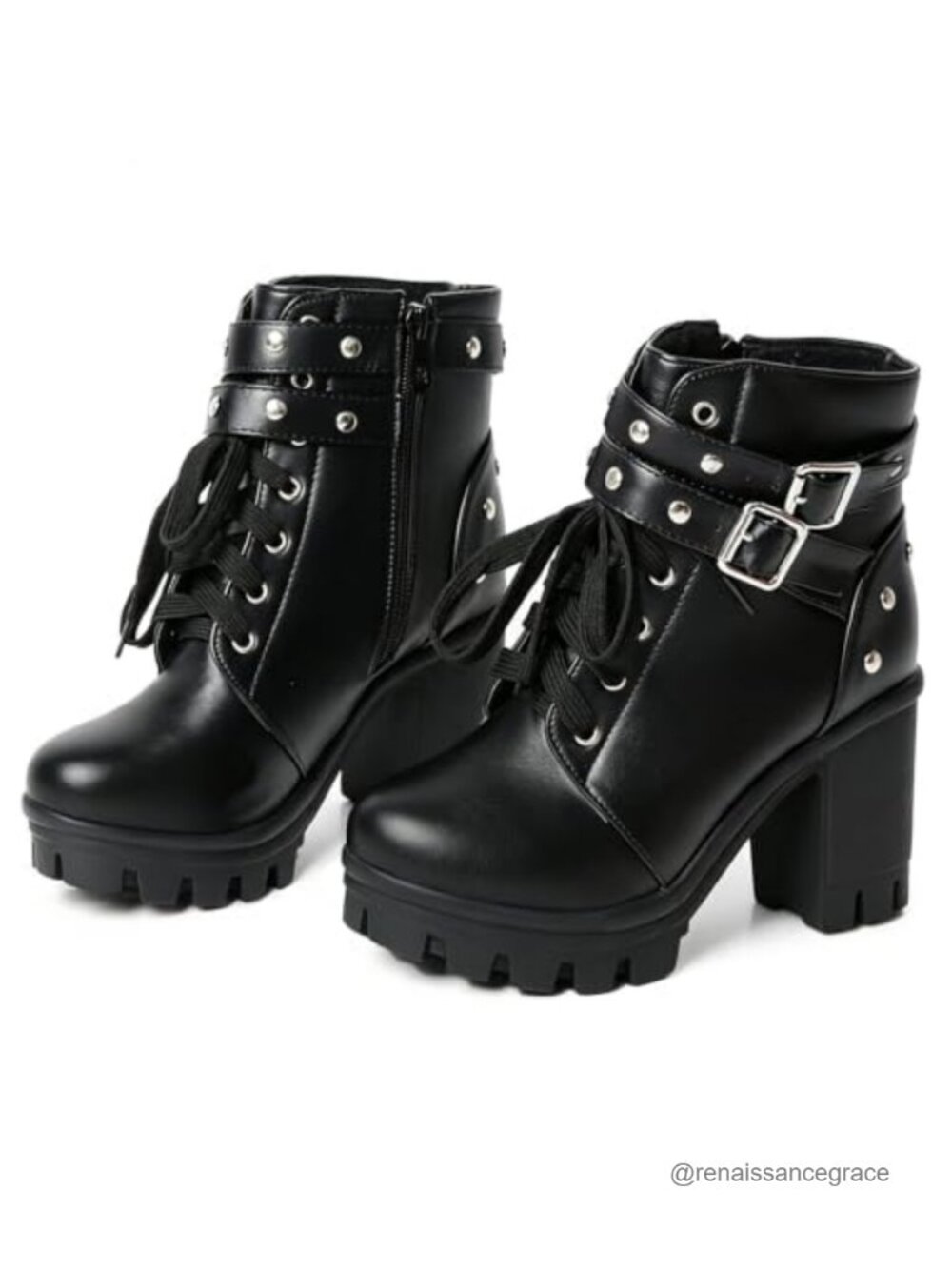 Platform Combat Boots Chunky Block Heel Ankle Booties Buckle Rivets Zip